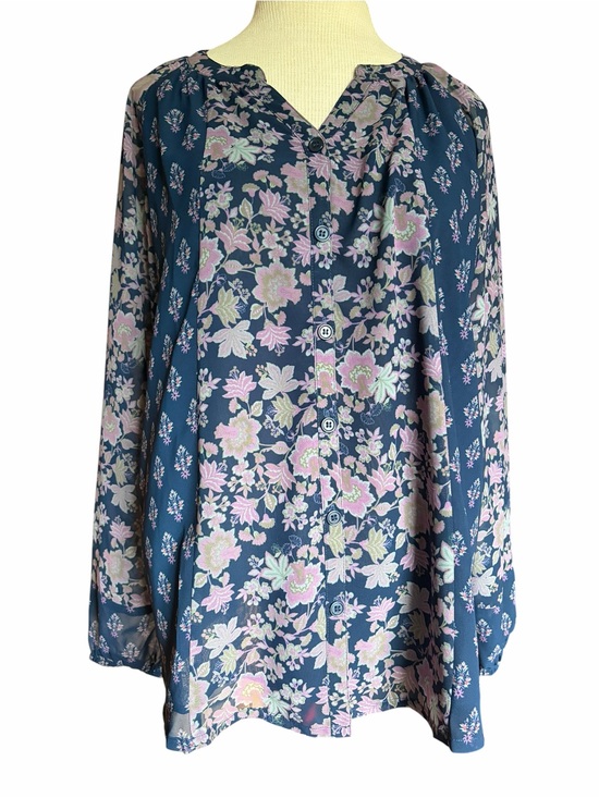 Coldwater Creek Tops - Coldwater Creek Navy Button-Front Floral Blouse with Pink Accents